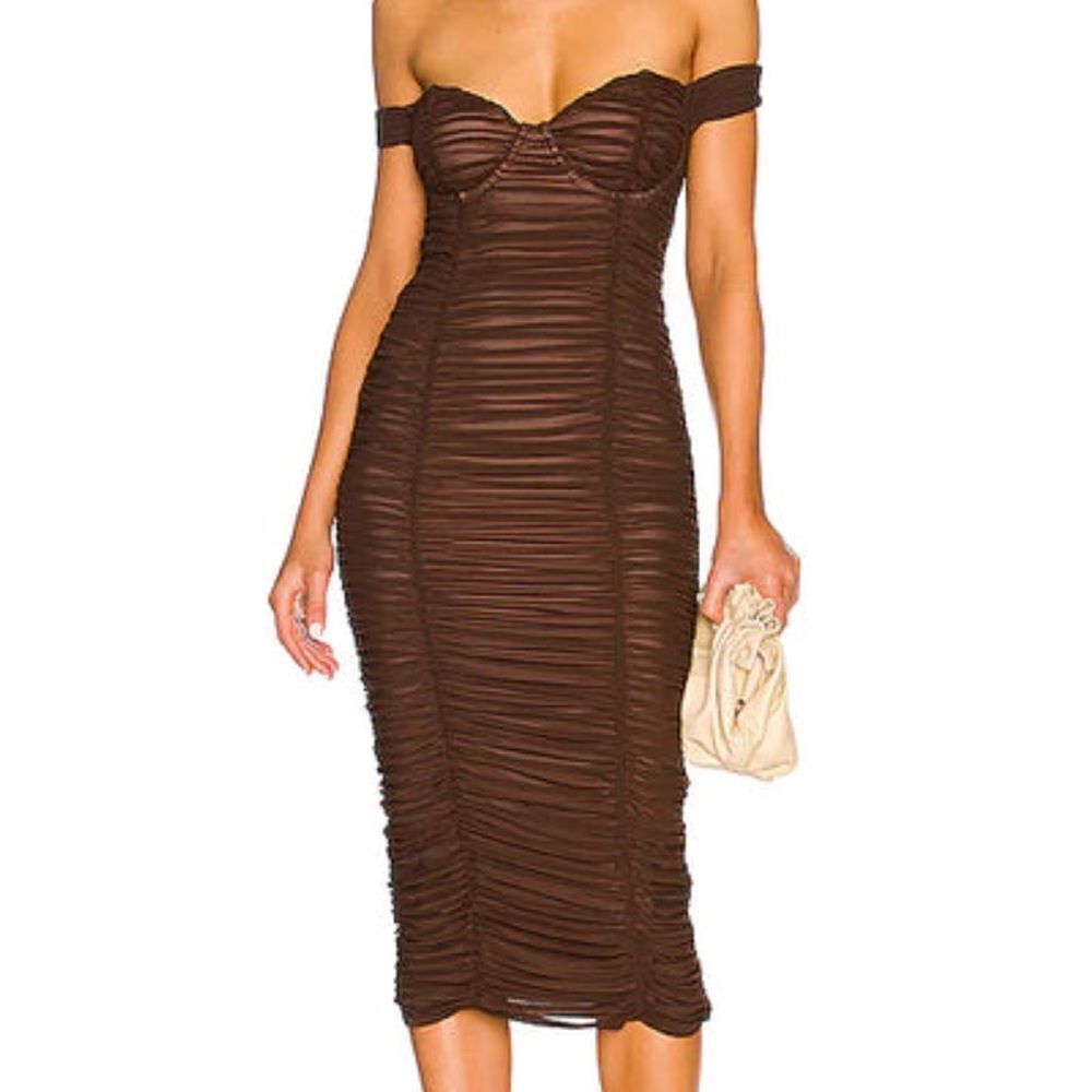 Majorelle Tabitha Brown Ruched Shirred midi dress revolve Sz S NWT